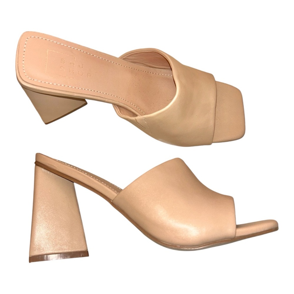 ShuShop‎ Nude Tan Open Toe Block Heel Mules Shoes Size 7.5